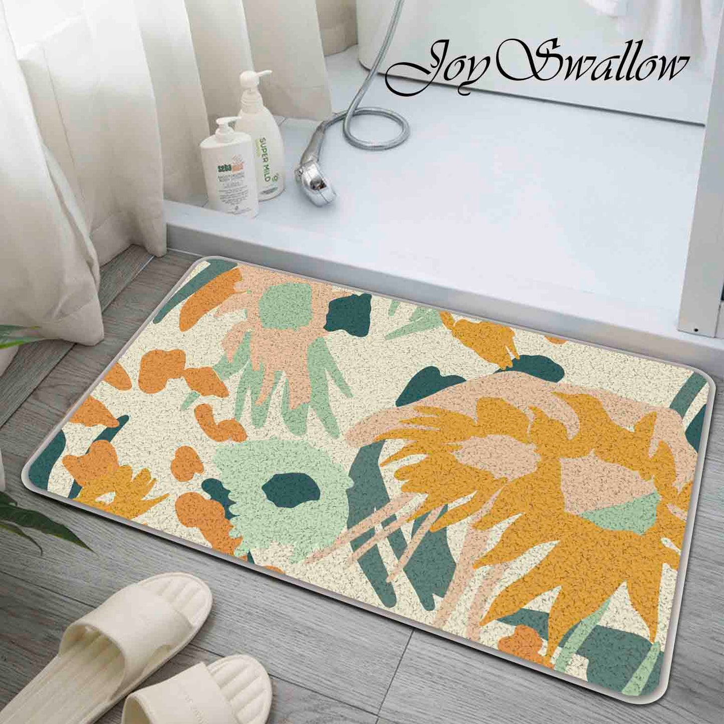 JoySwallow Yellow Green Abstract Flowers Tufted Bathmat, Floral Bathroom Rug, Flower Area Rug, Floral Bedroom Rugs