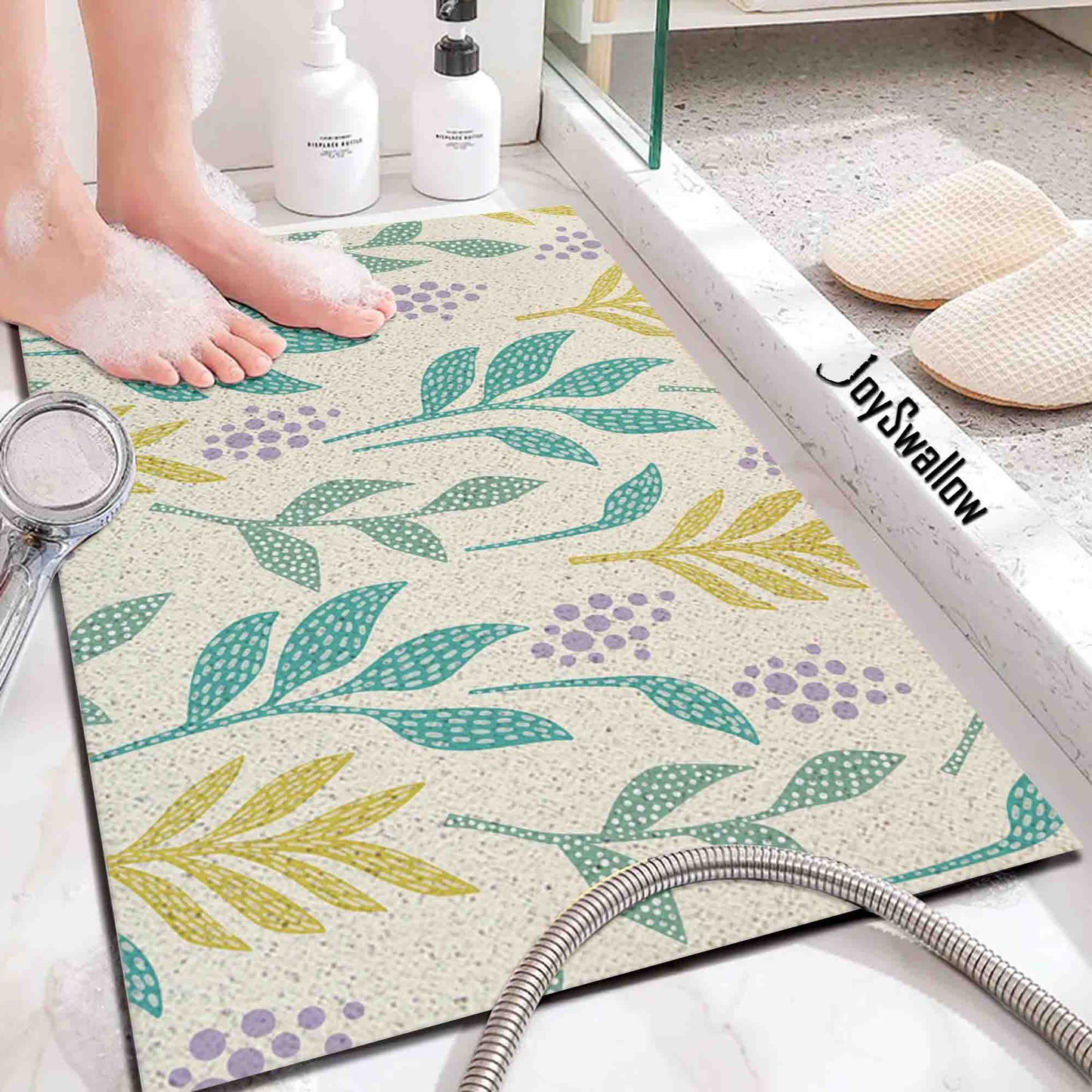 JoySwallow Personalized Bathtub Mat, Yellow Green Leaves Tub Mat, PVC Coil Permeable Bath Mat, Floral Drainable Bath Rug, Anti Skid Bathmat