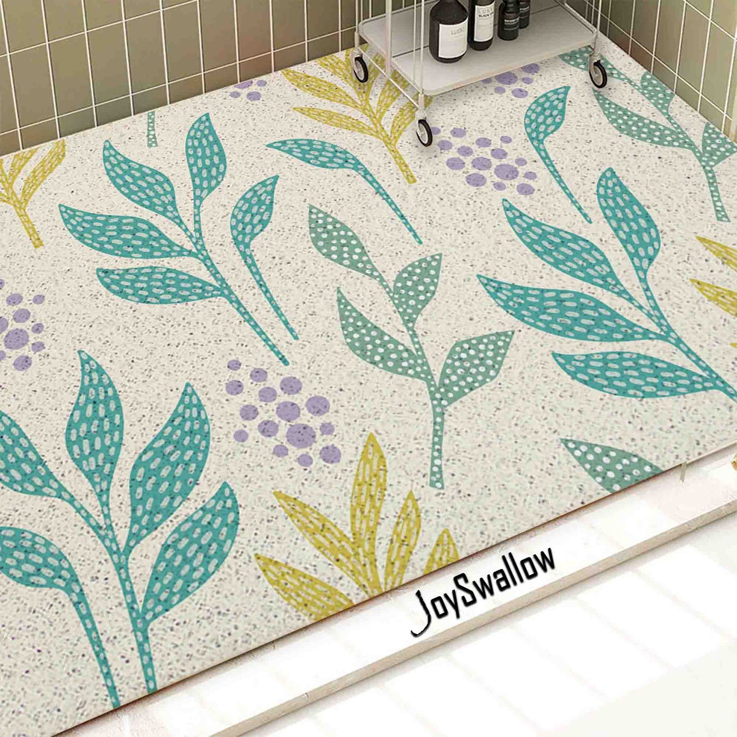 JoySwallow Personalized Bathtub Mat, Yellow Green Leaves Tub Mat, PVC Coil Permeable Bath Mat, Floral Drainable Bath Rug, Anti Skid Bathmat