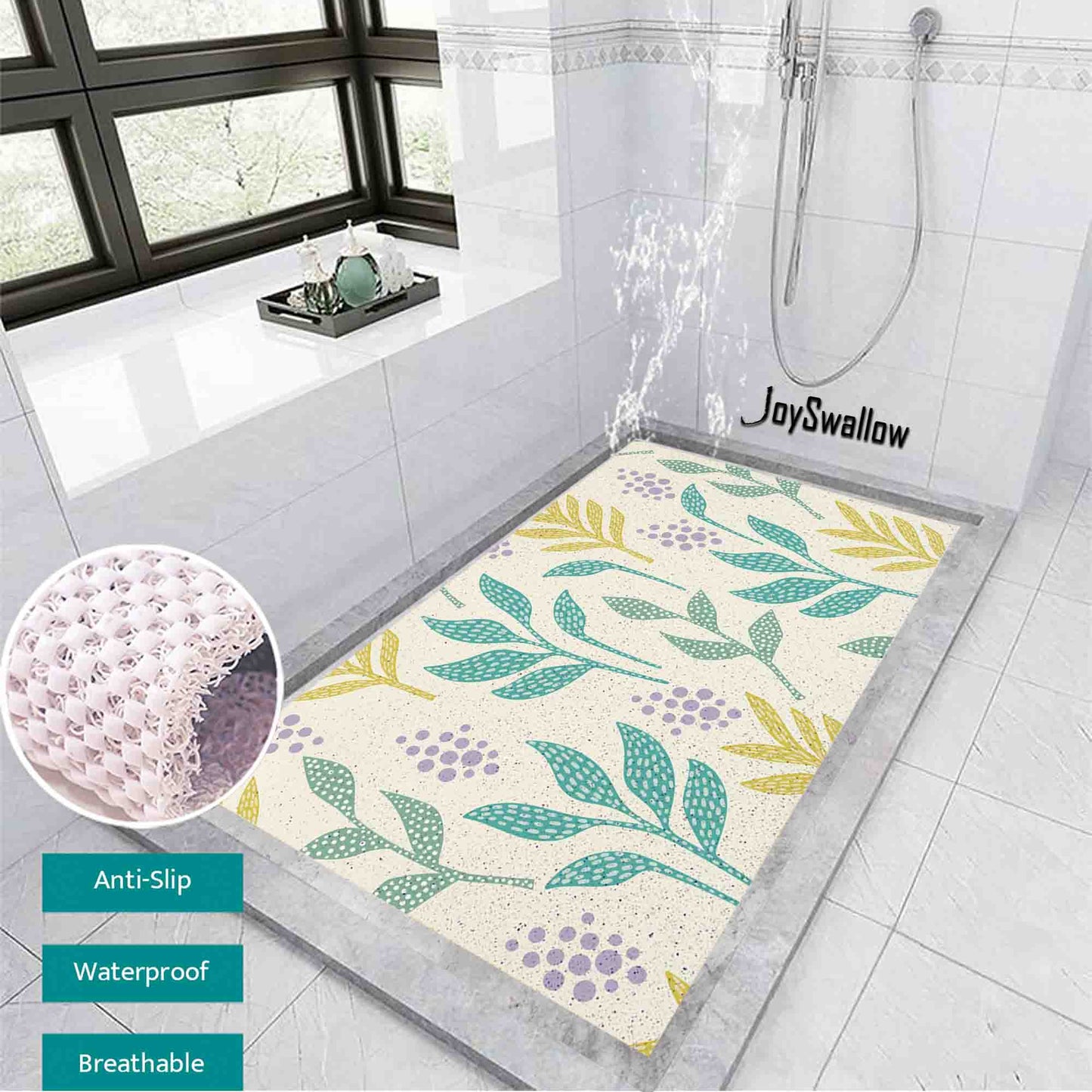 JoySwallow Personalized Bathtub Mat, Yellow Green Leaves Tub Mat, PVC Coil Permeable Bath Mat, Floral Drainable Bath Rug, Anti Skid Bathmat