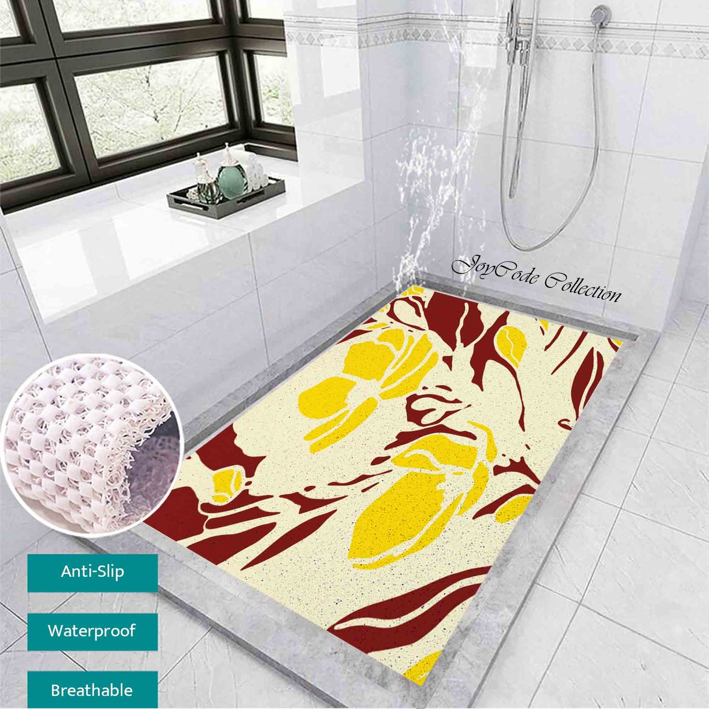 JoySwallow Personalized Bathtub Mat, Yellow Flower Block Art Bathtub Mat, PVC Coil Shower Mat, Anti Skid PVC Coil Bathmat, Floral Permeable Bathmat, Irregular Shaped Drainable Rug