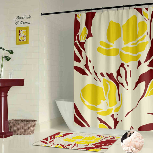 JoySwallow Yellow Flower Blocks Art  Shower Curtain, Leaves Waterproof Curtains, Floral Machine Washable Shower Curtains, flower Heavy Weighted Bath Curtains with hooks