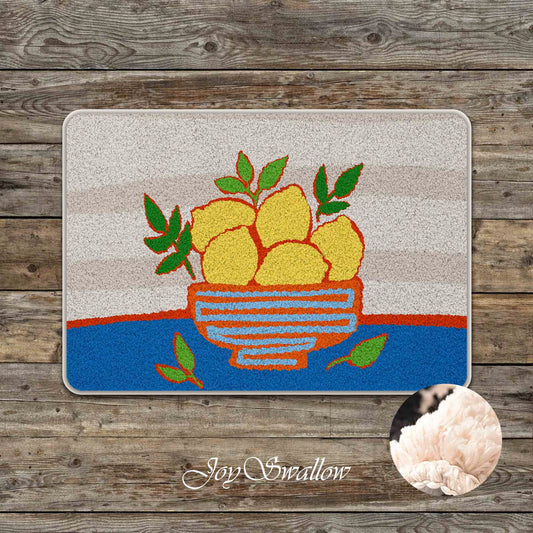 JoySwallow a Bowl of Lemon Tufted Bathmat, Fruit Bathroom Rug, Floral Area Rug, Lemon Bedroom Rugs