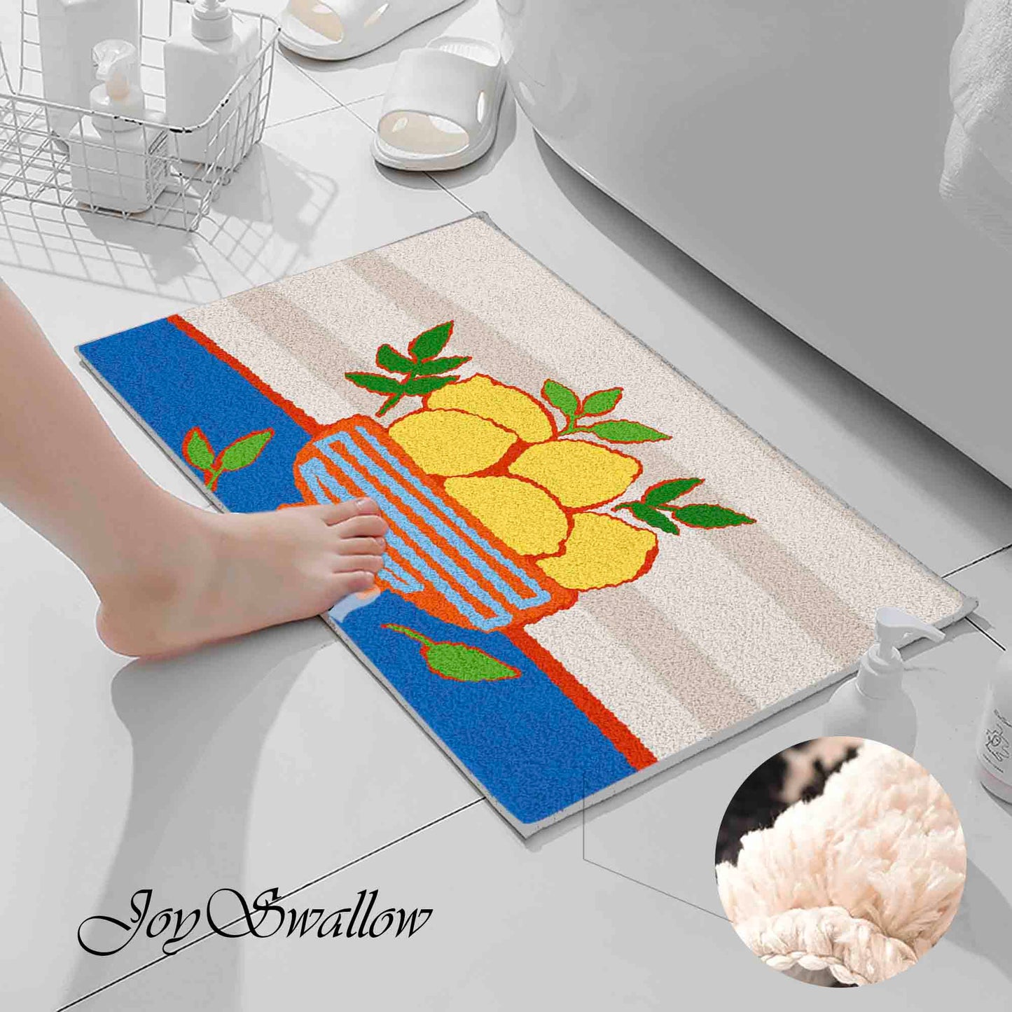 JoySwallow a Bowl of Lemon Tufted Bathmat, Fruit Bathroom Rug, Floral Area Rug, Lemon Bedroom Rugs