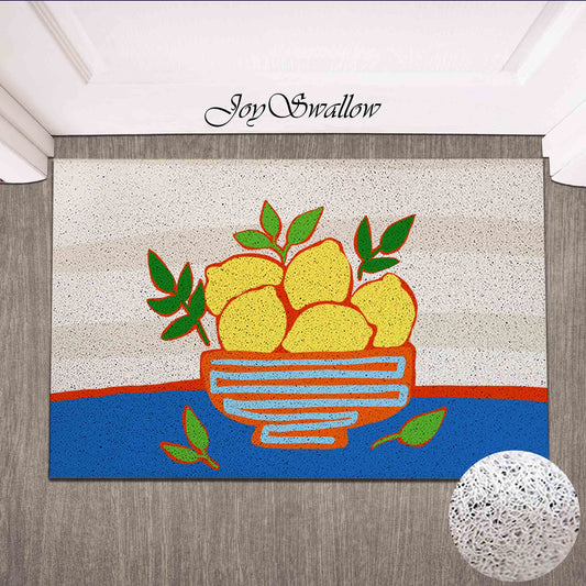 JoySwallow Bowl of Lemon PVC Coil Entrance Door Mat, Fruit Anti-Skid Outdoor Mat, Floral Art Entryway Rug for Porch Courtyard