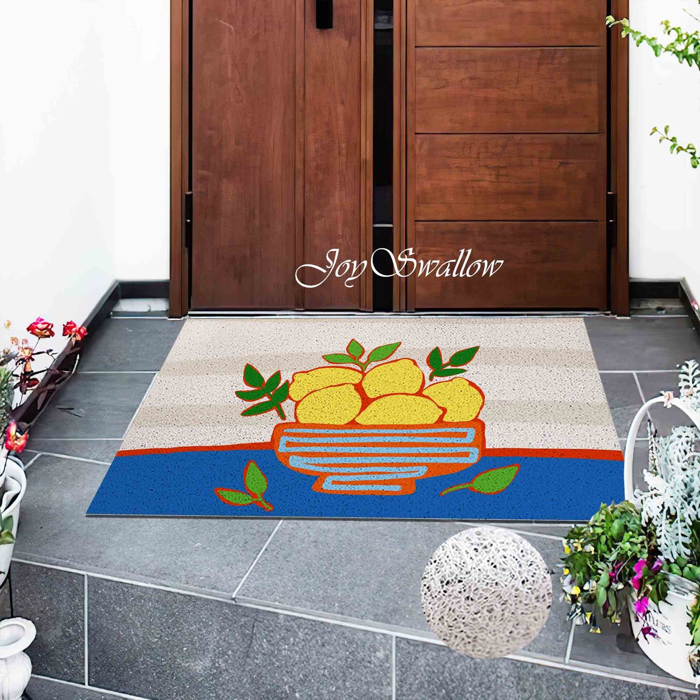 JoySwallow Bowl of Lemon PVC Coil Entrance Door Mat, Fruit Anti-Skid Outdoor Mat, Floral Art Entryway Rug for Porch Courtyard