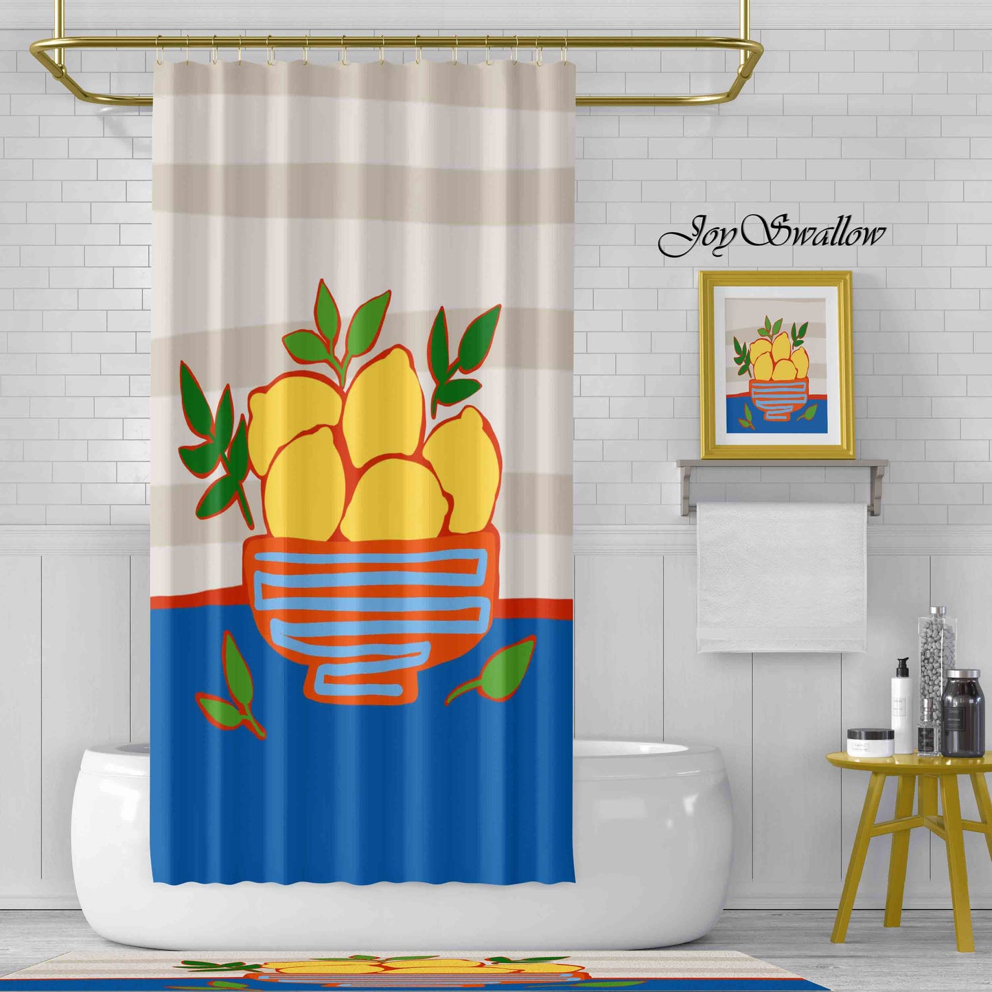 JoySwallow a Bowl of Lemon Shower Curtain, Lemon Waterproof Curtains, Floral Machine Washable Shower Curtains, Fruit Heavy Weighted Bath Curtains with hooks