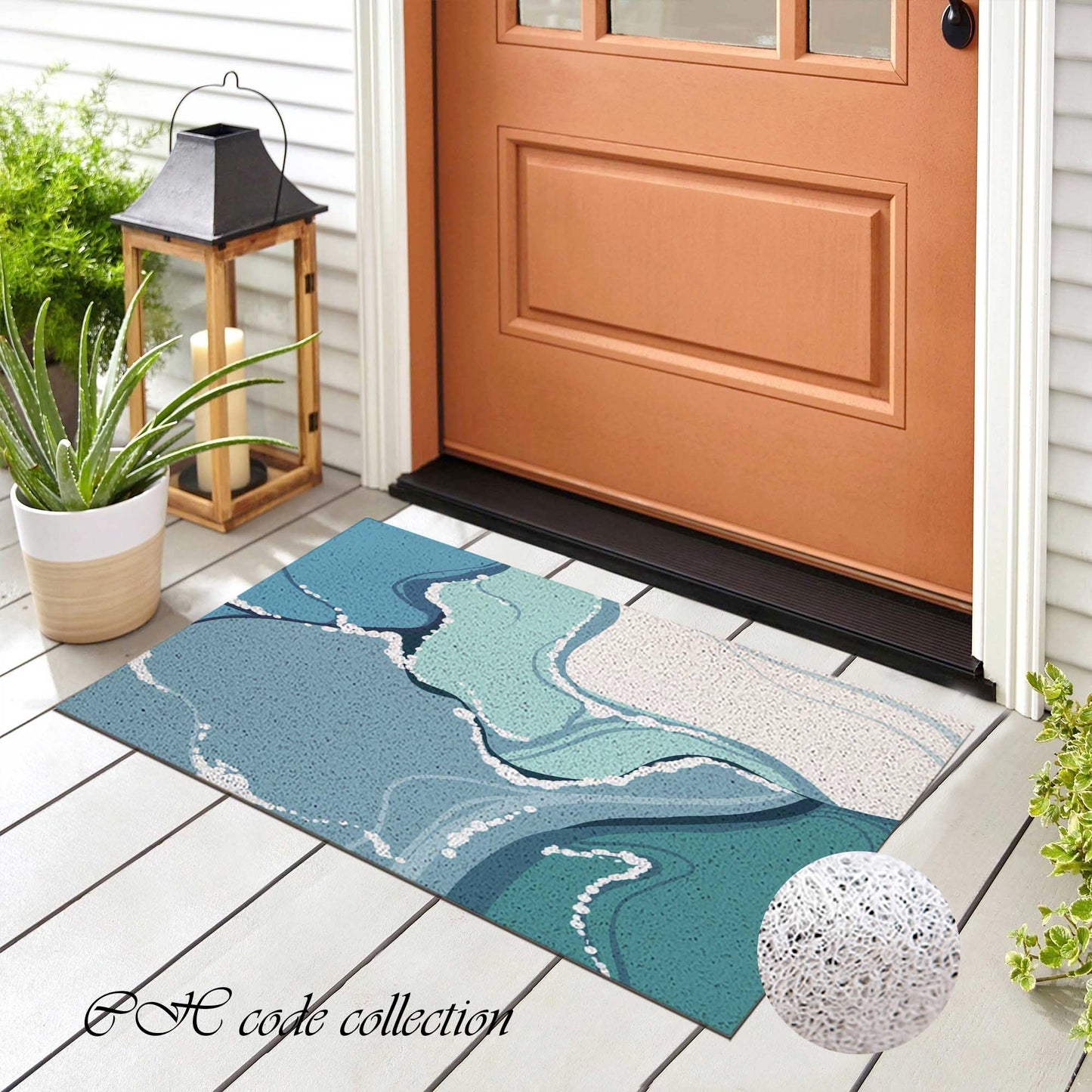 JoySwallow Abstract Sea of Flowing Water Art PVC Coil Entrance Door Mat, Irregular Blocks Anti-Skid Outdoor Mat, Animal Entryway Rug for Porch Courtyard