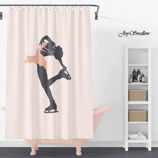 JoySwallow Light Orange Figure Skating Girl Shower Curtain, Leaves Waterproof Curtains, Floral Machine Washable Shower Curtains, flower Heavy Weighted Bath Curtains with hooks