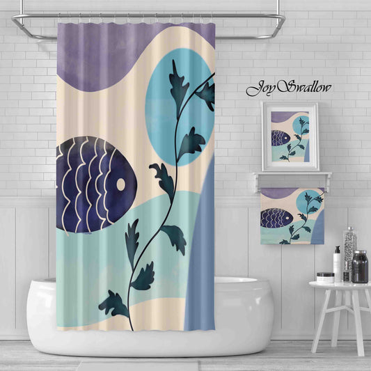 JoySwallow Personalized Shower Curtain, Fish and Wave Curtains, Cute Animal Shower Curtain, Geometrical Waterproof Curtain, Machine Washable Shower Curtains, Heavy Weighted Bath Curtains with hooks