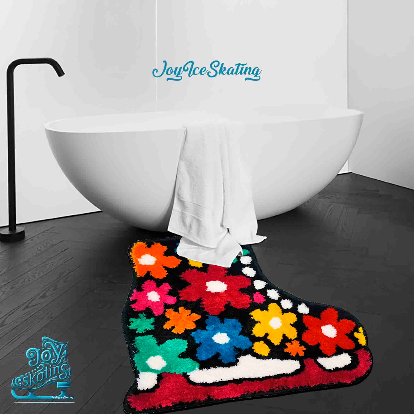 JoySwallow Irregular Flowers Figure Skating Boots Tufted Bathmat, Skating Bathroom Rug, Floral Area Rug, Bedroom Rugs