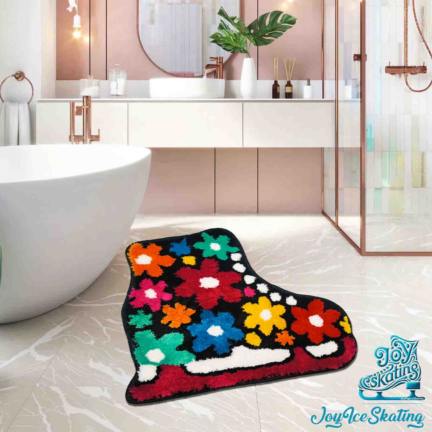 JoySwallow Irregular Flowers Figure Skating Boots Tufted Bathmat, Skating Bathroom Rug, Floral Area Rug, Bedroom Rugs