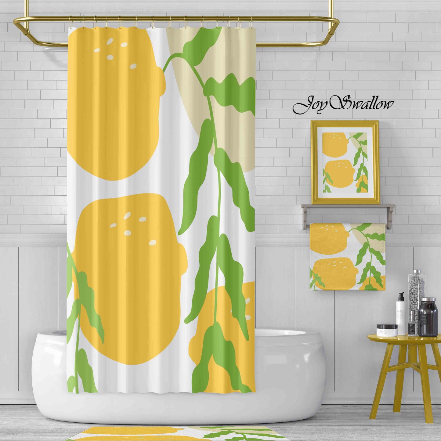 JoySwallow Lovely Lemon Shower Curtain, Lemon Waterproof Curtains, Floral Machine Washable Shower Curtains, Fruit Heavy Weighted Bath Curtains with hooks