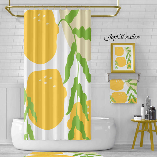 JoySwallow Lovely Lemon Shower Curtain, Lemon Waterproof Curtains, Floral Machine Washable Shower Curtains, Fruit Heavy Weighted Bath Curtains with hooks