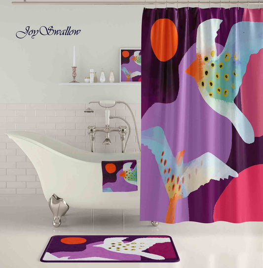 JoySwallow Personalized Shower Curtain, Birds Sun Mountain Curtains, Modern Shower Curtain, Waterproof Curtain, Abstract Machine Washable Shower Curtains, Heavy Weighted Bath Curtains with hooks