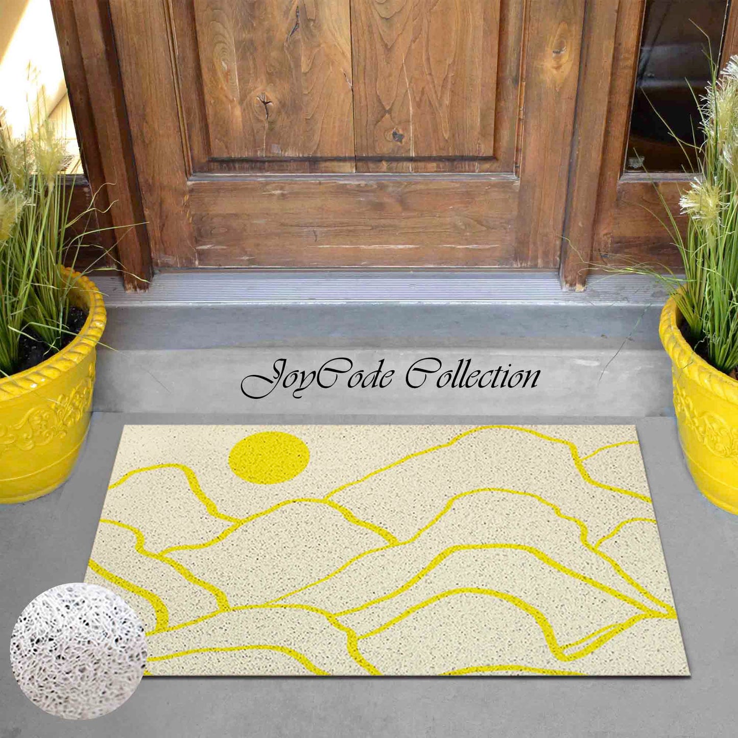 JoySwallow Yellow Mountain and Sun PVC Coil Entrance Door Mat, Irregular Blocks Anti-Skid Outdoor Mat, Animal Entryway Rug for Porch Courtyard