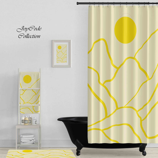 JoySwallow Personalized Shower Curtain, Yellow Mountain and Sun Shower Curtain, Landscape Waterproof Curtains, Hill Machine Washable Shower Curtains, Sunset Heavy Weighted Bath Curtains with hooks