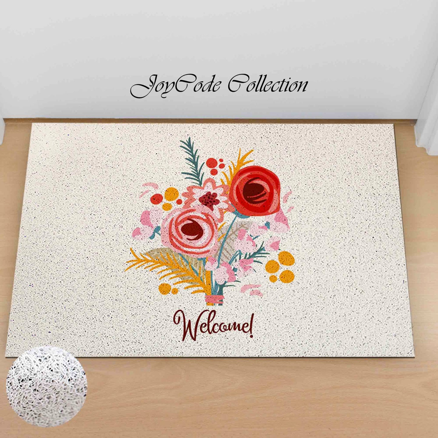 JoySwallow Personalized Doormat, Pink Red Flowers Welcome Door Mat, PVC Coil Entrance Mat, Floral Anti-Skid Outdoor Mat, Leaves Entryway Rug for Porch Courtyard