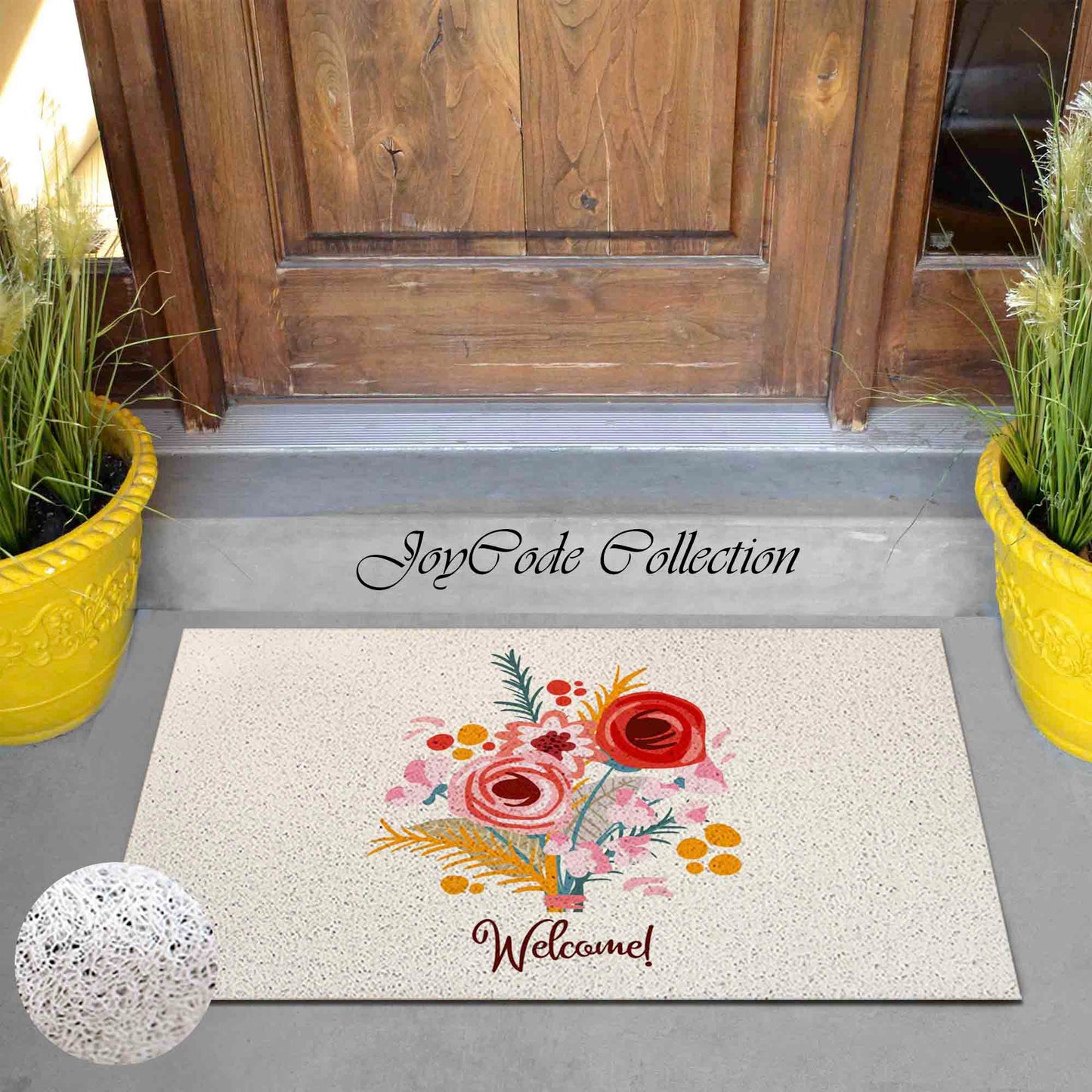 JoySwallow Personalized Doormat, Pink Red Flowers Welcome Door Mat, PVC Coil Entrance Mat, Floral Anti-Skid Outdoor Mat, Leaves Entryway Rug for Porch Courtyard