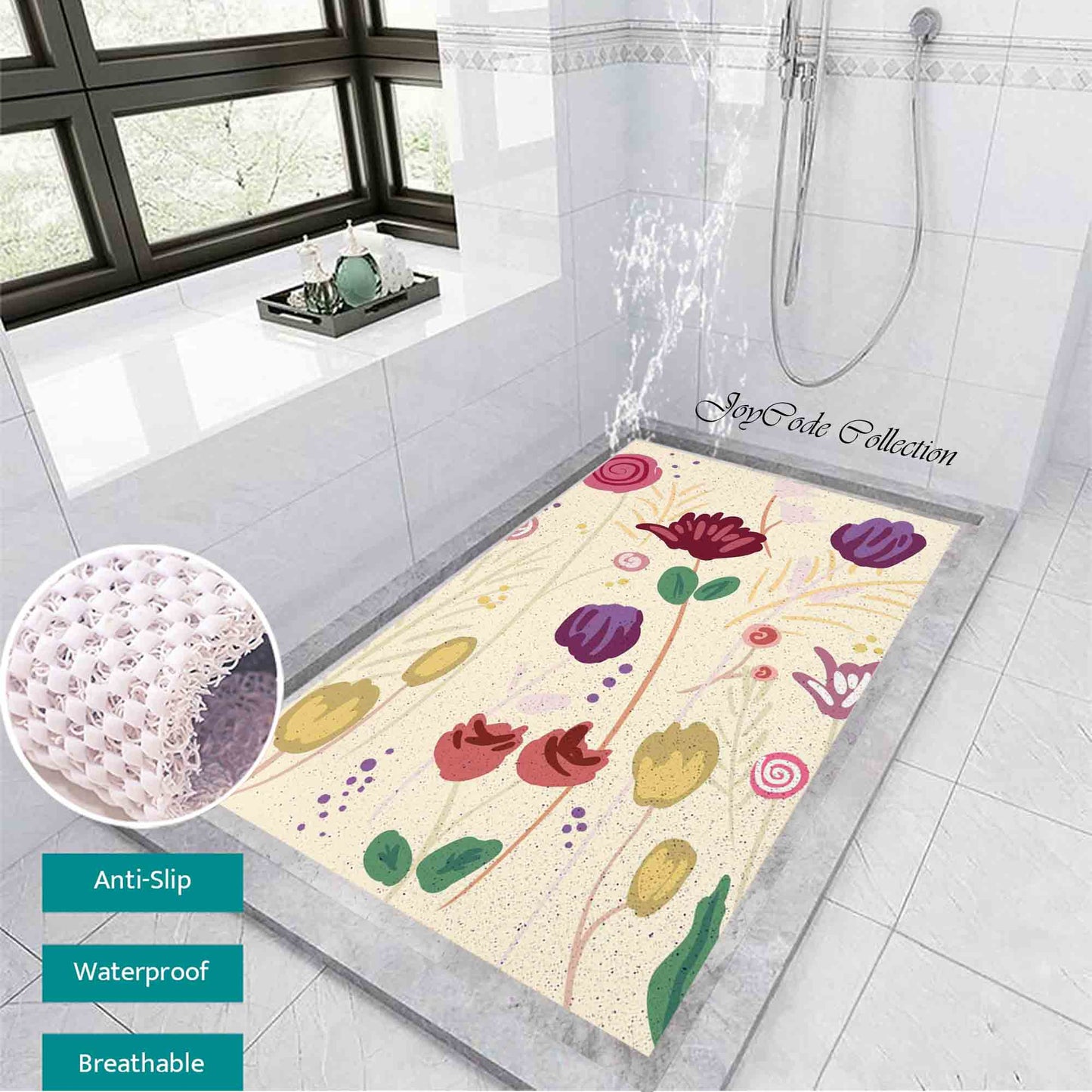 JoySwallow Personalized Bathtub Mat, Purple Flower Garden Bathtub Mat, PVC Coil Shower Mat, Anti Skid PVC Coil Bathmat, Floral Permeable Bathmat, Irregular Shaped Drainable Rug