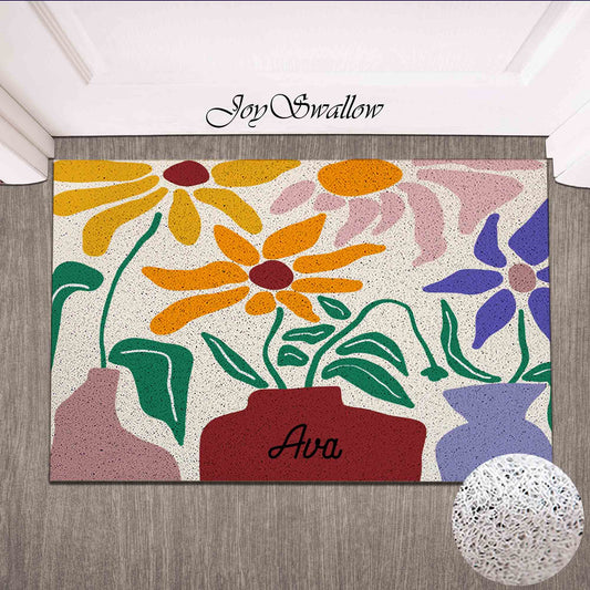 JoySwallow Personalized Door Mat, Sun Flower and Vase Doormat, PVC Coil Entrance Door Mat,  Anti-Skid Outdoor Mat, Colorful Entryway Rug for Porch Courtyard