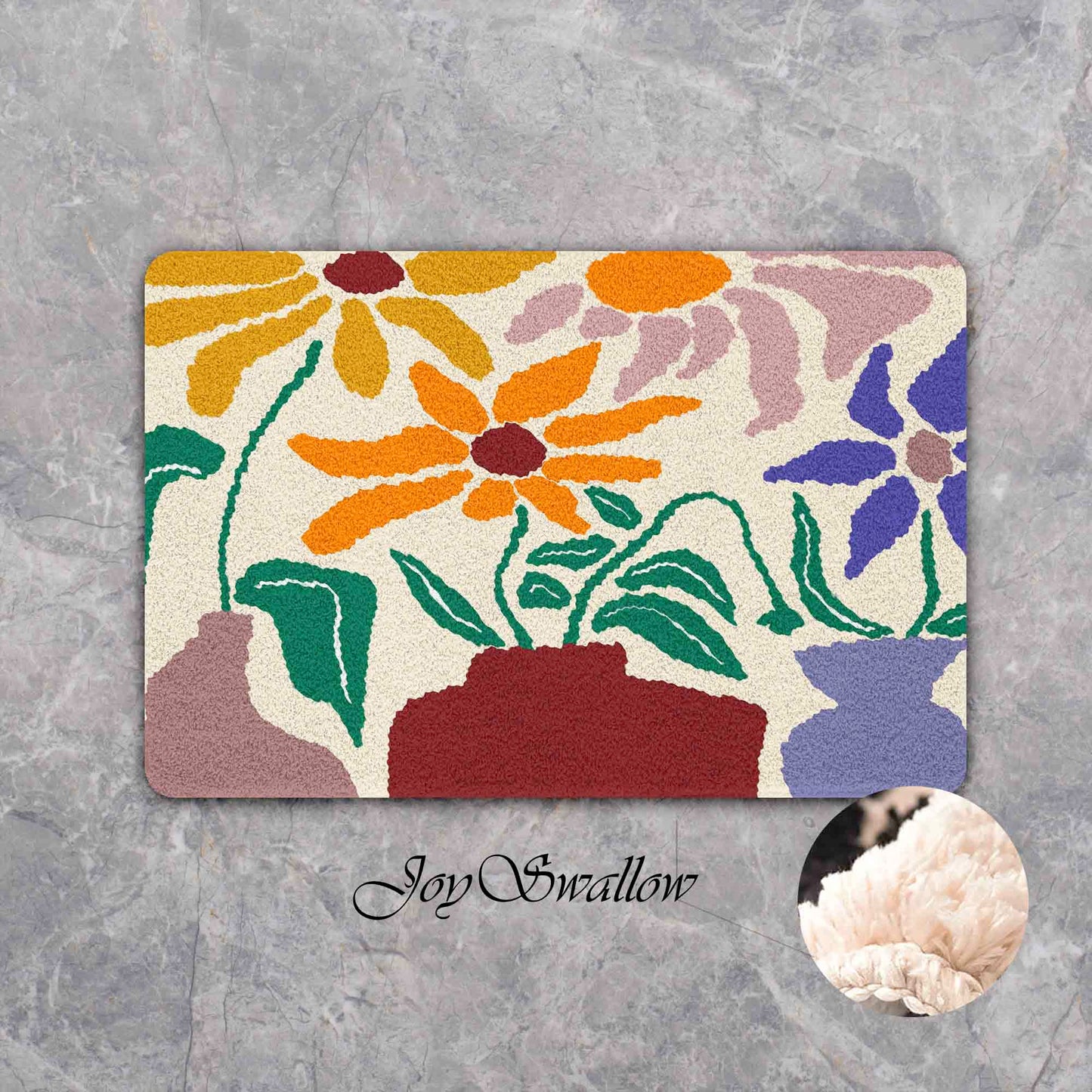 JoySwallow Sunflower and Vase Tufted Bathmat, Floral Bathroom Rug, Leaves Area Rug, Floral Bedroom Rugs