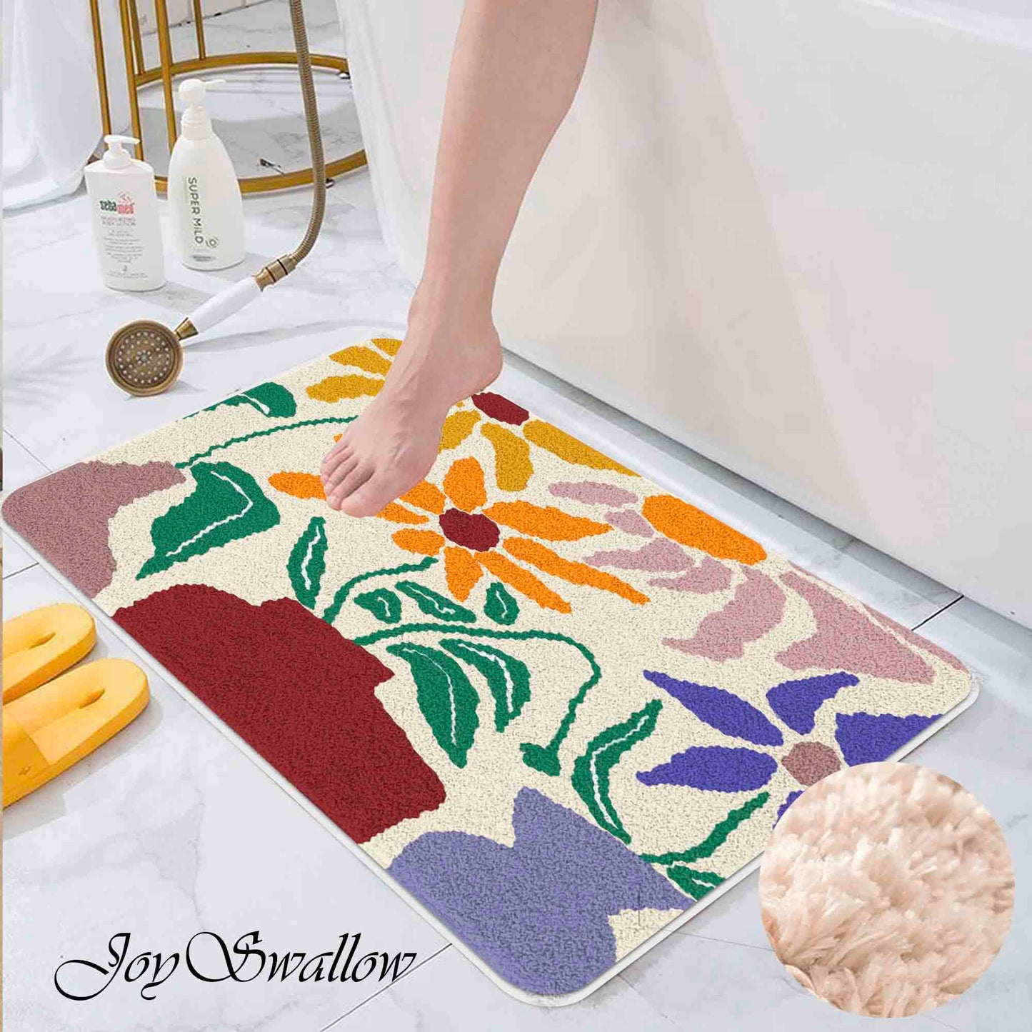 JoySwallow Sunflower and Vase Tufted Bathmat, Floral Bathroom Rug, Leaves Area Rug, Floral Bedroom Rugs