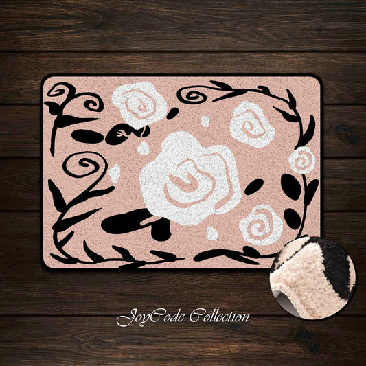 JoySwallow Pink White Roses Tufted Bathmat, Floral Bathroom Rug, Flower Area Rug, Floral Bedroom Rugs